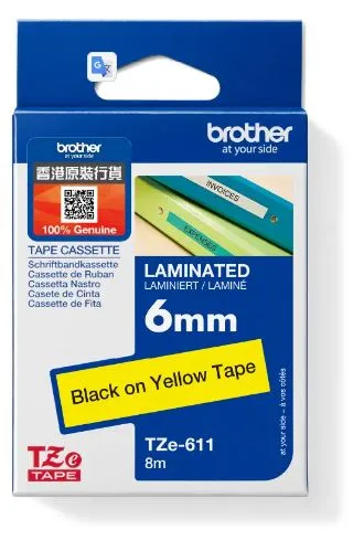Brother TZe-611 Laminated Tape Black on Yellow (6mm X 8M)