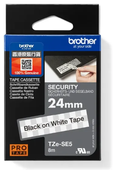 Brother TZe-SE5 特強過膠保護層標籤帶 (防篡改) 白底黑字 (24mm X 8M)