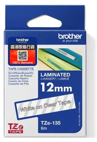 Brother TZe-135 特強過膠保護層標籤帶 透明底白字 (12mm X 8M)