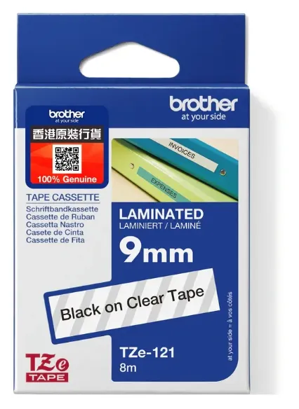 Brother TZe-121 特強過膠保護層標籤帶 透明底黑字 (9mm X 8M)