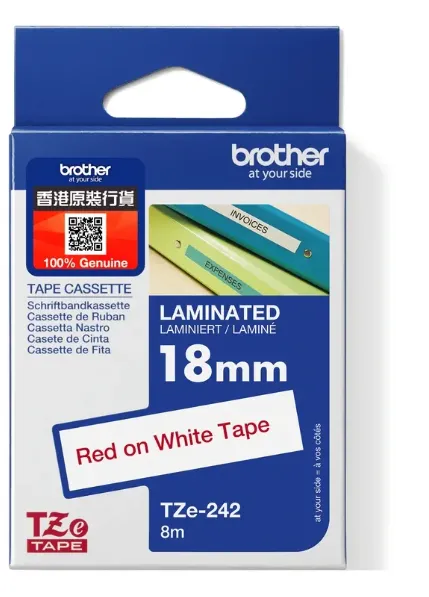 Brother TZe-242 特強過膠保護層標籤帶 白底紅字 (18mm X 8M)