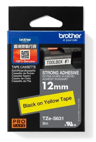 Brother TZe-S631 特強黏貼過膠保護層標籤帶 強力黏貼標籤 黃底黑字 (12mm X 8M)