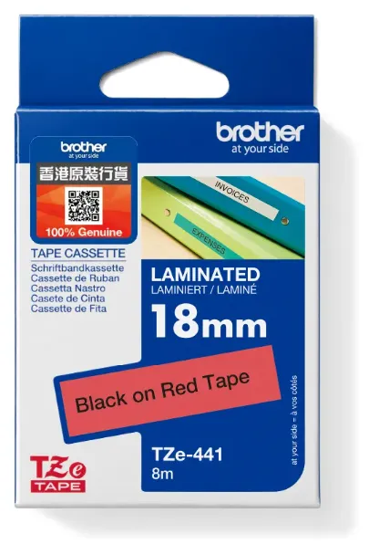 Brother TZe-441 特強過膠保護層標籤帶 紅底黑字 (18mm X 8M)