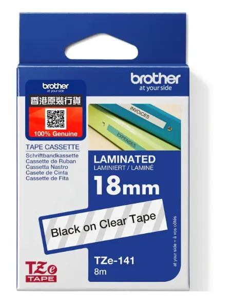 Brother TZe-141 特強過膠保護層標籤帶 透明底黑字 (18mm X 8M)
