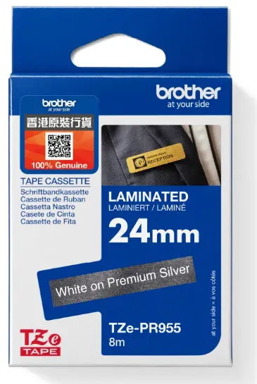 Brother TZe-PR955 特強過膠保護層標籤帶 閃銀底白字 (24mm X 8M)