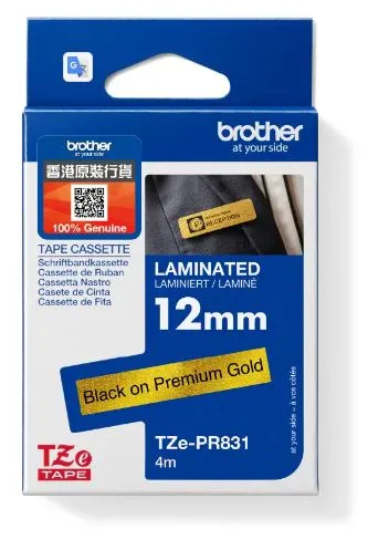Brother TZe-PR831 特強过胶保护层标签带 華丽金底黑字 (12mm X 4M)