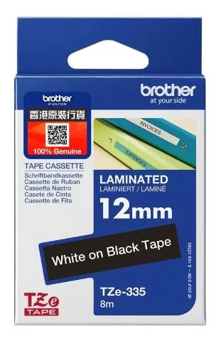 Brother TZe-335 Standard Laminated Tape, White on Black (12mm X 8M)
