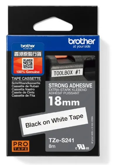 Brother TZe-S241 標準覆膜保護層超黏性標籤帶 白底黑字 (18mm X 8M)