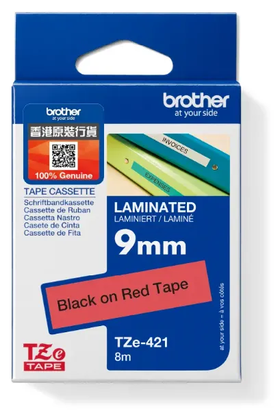 Brother TZe-421 特強過膠保護層標籤帶 紅底黑字 (9mm X 8M)
