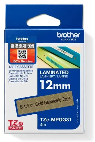 Brother TZe-MPGG31 Decorative Tape, Black on Gold Geometric Pattern (12mm X 4M)