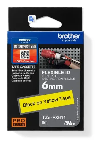 Brother TZe-FX611 特強過膠保護層標籤帶 彈性標籤帶 - 黃底黑字 (6mm X 8M)