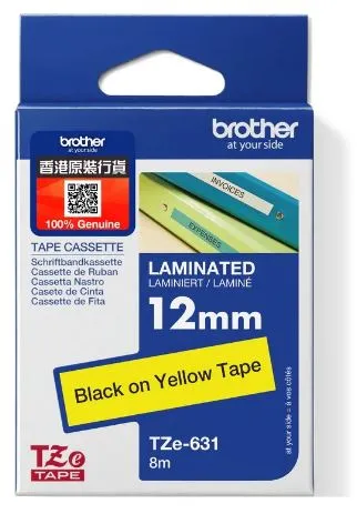 Brother TZe-631 特強過膠保護層標籤帶 黃底黑字 (12mm X 8M)
