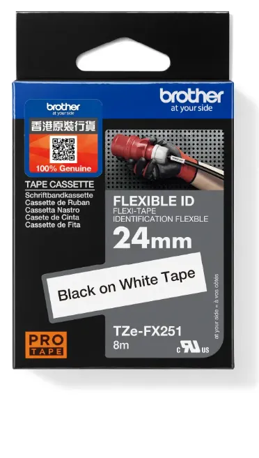 Brother TZe-FX251 標準覆膜保護層纜線標籤帶 白底黑字（24mm × 8M）