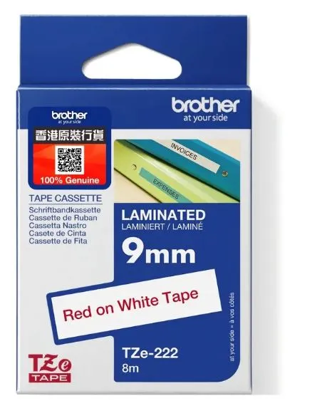 Brother TZe-222 特強過膠保護層標籤帶 白底紅字 (9mm X 8M)