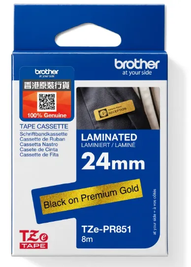 Brother TZe-PR851 特強過膠保護層標籤帶 閃金底黑字（24mm X 8M）
