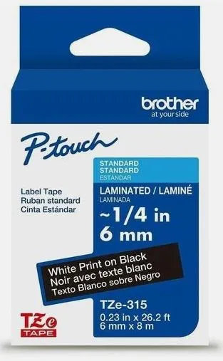 Brother TZe-315 Extra Strong Laminated Tape, White on Black (6mm X 8M)
