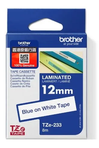 Brother TZe-233 特強過膠保護層標籤帶 白底藍字 (12mm X 8M)