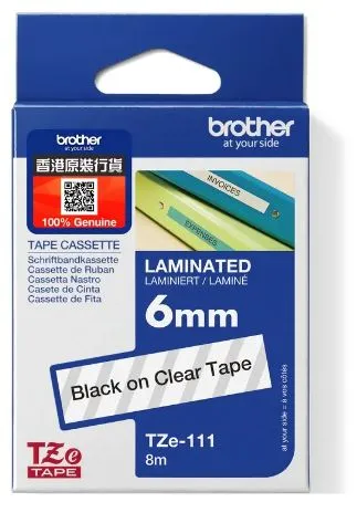 Brother TZe-111 特強過膠保護層標籤帶 透明底黑字 (6mm X 8M)
