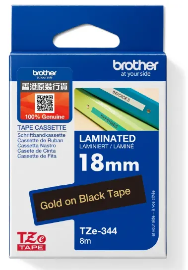 Brother TZe-344 標準覆膜保護層標籤帶 黑底金字 (18mm X 8M)