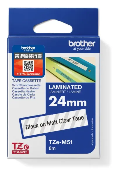 Brother TZe-M51 標準啞面覆膜保護層標籤帶 透明底黑字 (24mm X 8M)