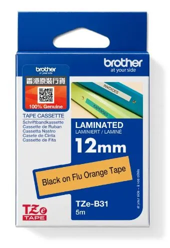 Brother TZe-B31 特強过胶保护层标签带 螢光橙底黑字 (12mm X 5M)