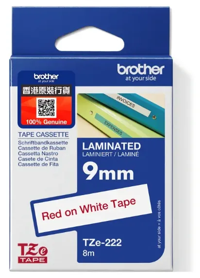 Brother TZe-222 Standard Laminated Tape, Red on White (9mm X 8M)