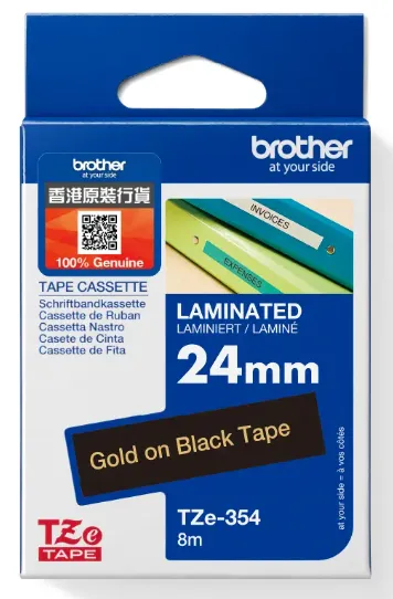 Brother TZe-354 標準覆膜保護層標籤帶 黑底金字 (24mm X 8M)