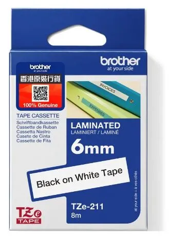 Brother TZe-211 特強過膠保護層標籤帶 白底黑字 (6mm X 8M)