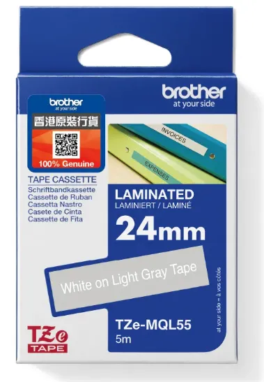 Brother TZe-MQL55 Pastel Matt Laminated Tape, White on Light Grey (24mm X 5M)