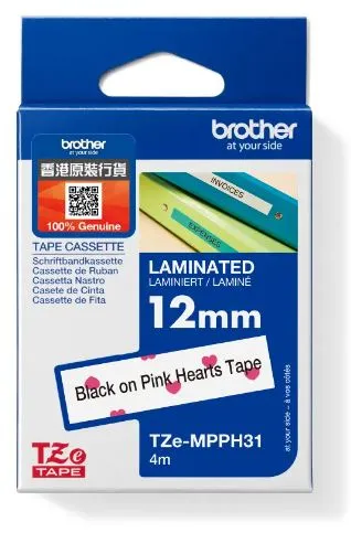 Brother TZe-MPPH31 特強过胶保护层标签带 白底粉红心心黑字 (12mm X 4M)