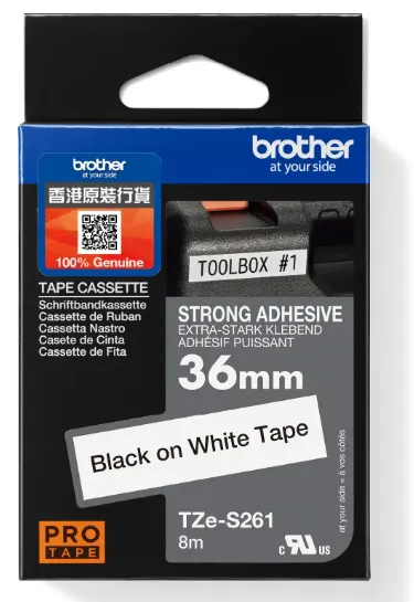 Brother TZe-S261 標準覆膜保護層超黏性標籤帶 白底黑字 (36mm X 8M)