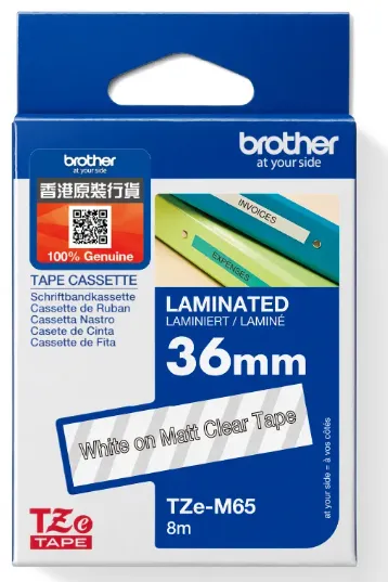 Brother TZe-M65 標準啞面覆膜保護層標籤帶 消光透明底白字 (36mm X 8M)