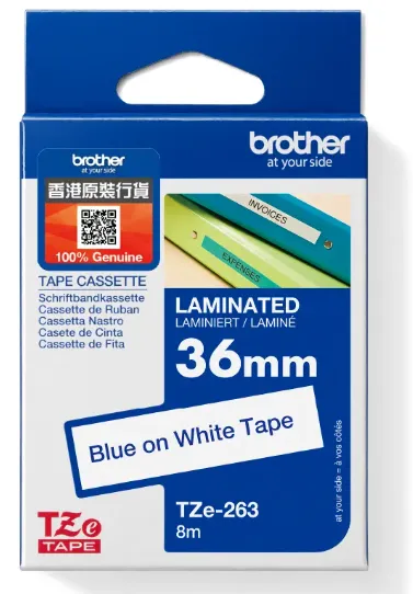 Brother TZe-263 標準覆膜保護層標籤帶 白底藍字（36mm × 8M）