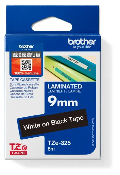 Brother TZe-325 特強過膠保護層標籤帶 黑底白字 (9mm X 8M)