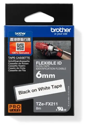 Brother TZe-FX211 Laminated Tape Flexible Black on White (6mm X 8M)