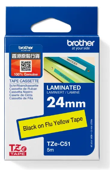 Brother TZe-C51 螢光覆膜保護層標籤帶 螢光黃底黑字 (24mm X 5M)