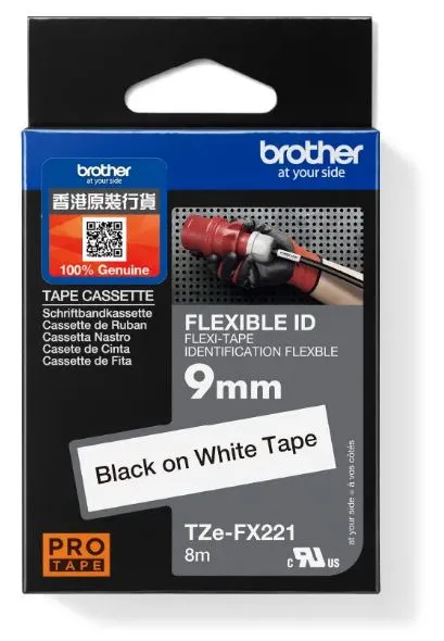 Brother TZe-FX221 特強過膠保護層標籤帶 白底黑字 (9mm X 8M)