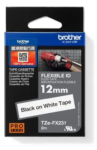 Brother TZe-FX231 特強过胶保护层标签带 弹性标签带 白底黑字 (12mm X 8M)