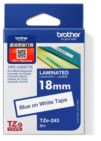 Brother TZe-243 特強過膠保護層標籤帶 白底藍字 (18mm X 8M)