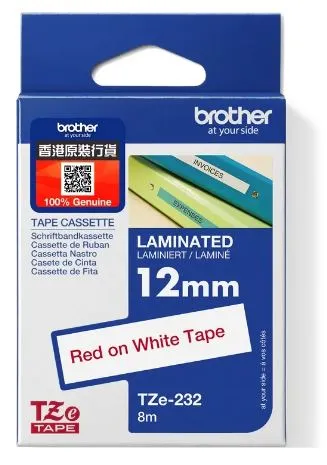 Brother TZe-232 特強過膠保護層標籤帶 白底紅字 (12mm X 8M)