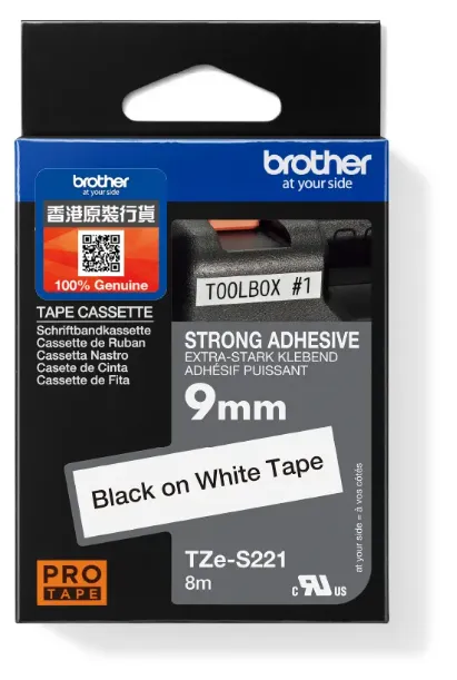 Brother TZe-S221 特強黏貼過膠保護層標籤帶 白底黑字 (9mm X 8M)