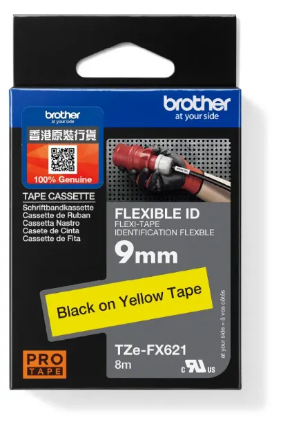 Brother TZe-FX621 特強過膠保護層標籤帶 黃底黑字 (9mm X 8M)