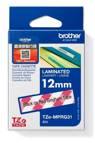 Brother TZe-MPRG31 特強过胶保护层标签带 红白格纹底黑字 (12mm X 4M)