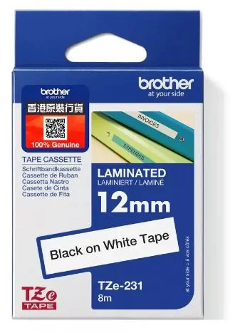 Brother TZe-231 特強過膠保護層標籤帶 白底黑字 (12mm X 8M)