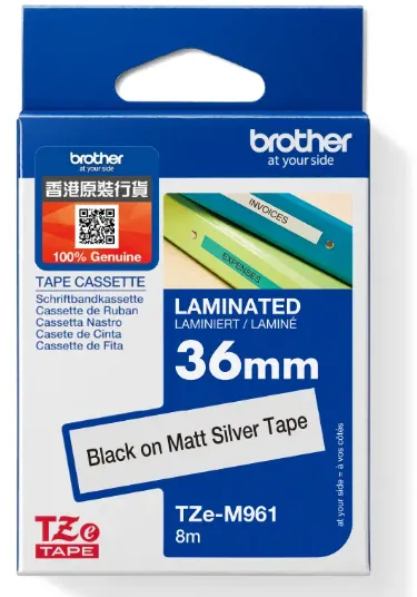 Brother TZe-M961 標準啞面覆膜保護層標籤帶 銀底黑字 (36mm X 8M)