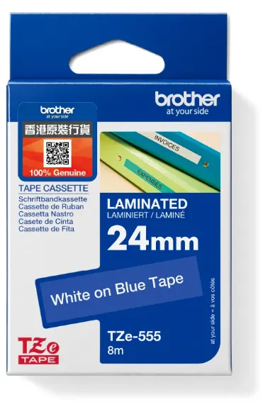 Brother TZe-555 標準覆膜保護層標籤帶 藍底白字 (24mm X 8M)