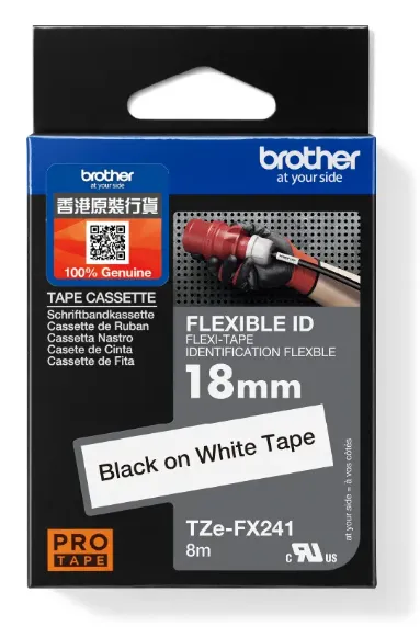 Brother TZe-FX241 标準复膜保护层缆线标签带 白底黑字 (18mm X 8M)