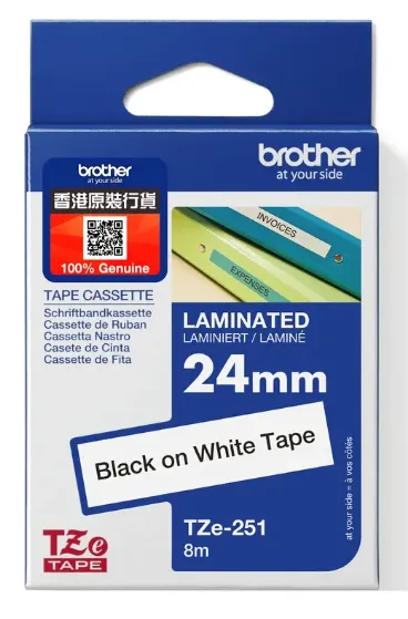 Brother TZe-251 Standard Laminated Tape, Black on White (24mm X 8M)