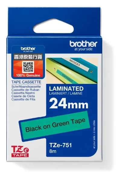 Brother TZe-751 标準复膜保护层标签带 绿底黑字 (24mm X 8M)