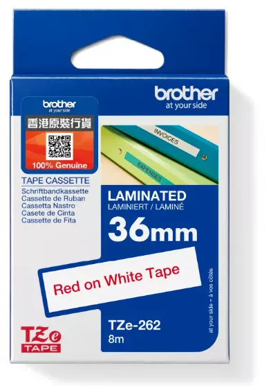 Brother TZe-262 標準覆膜保護層標籤帶 白底紅字（36mm × 8M）
